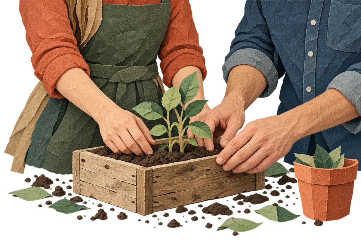 A cut-paper illustration of a couple gently tending a young plant together.