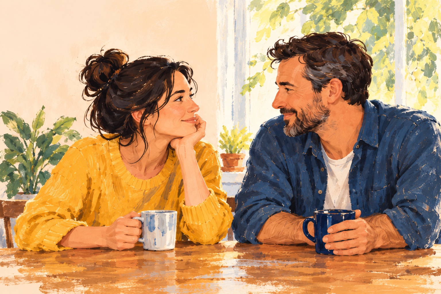 A painted illustration of a couple listening to each other over coffee.